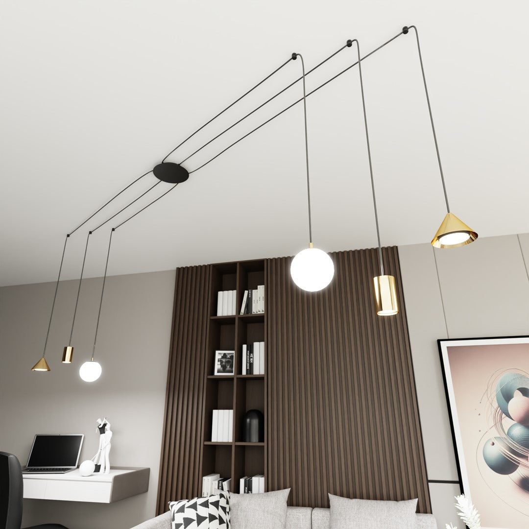 Hanglamp spider gepoedercoat staal modern goud en zwart, Fuji 6 lichts, verstelbare hoogte