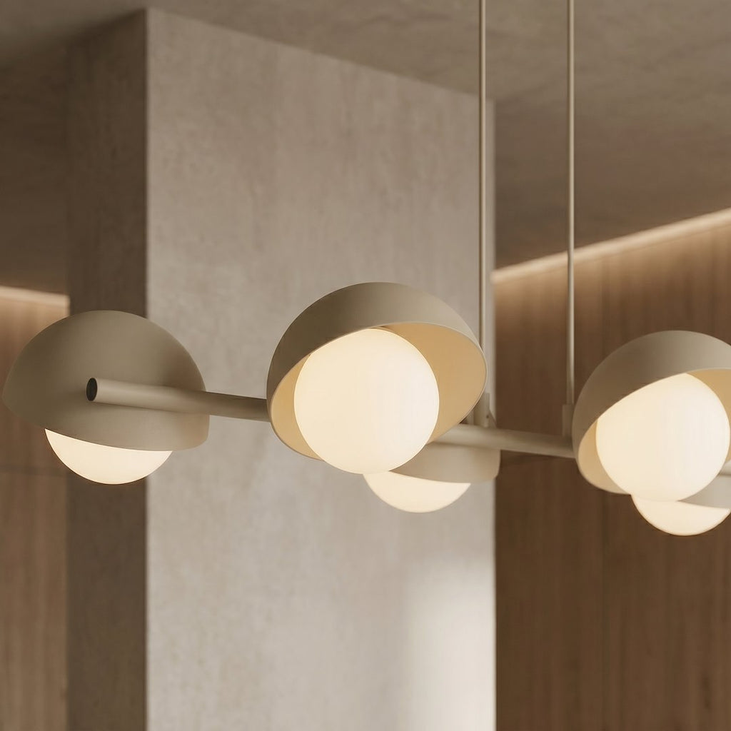 Hanglamp gepoedercoat staal Scandinavisch mokka met 6 witte halfbolkappen, G9, 88 x 32 cm, eettafel