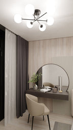 Plafondlamp gepoedercoat staal en glas Roma 6 lichts, zwart met witte glazen kappen, 75 cm breed, E14