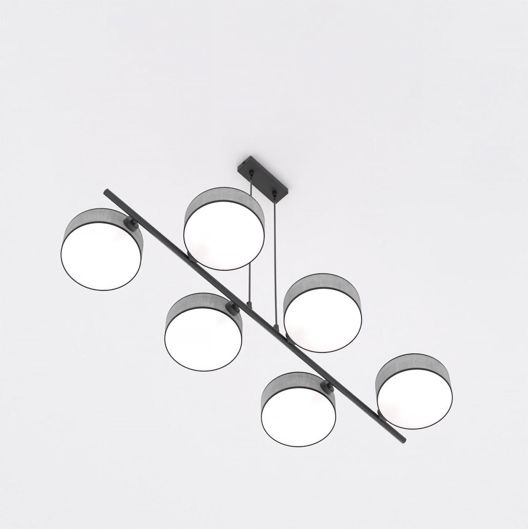 Hanglamp gepoedercoat staal Japandi Drumz grijs, 6 lichts, 100 x 46 x 120 cm, eettafel en keukeneiland