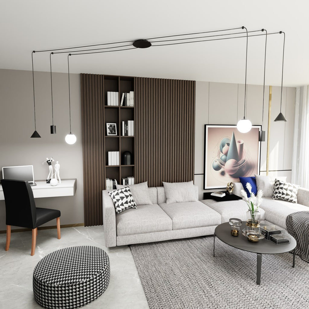 Hanglamp staal Fuji spider modern zwart, 6 fittingen, hoogte verstelbaar met drie soorten kappen