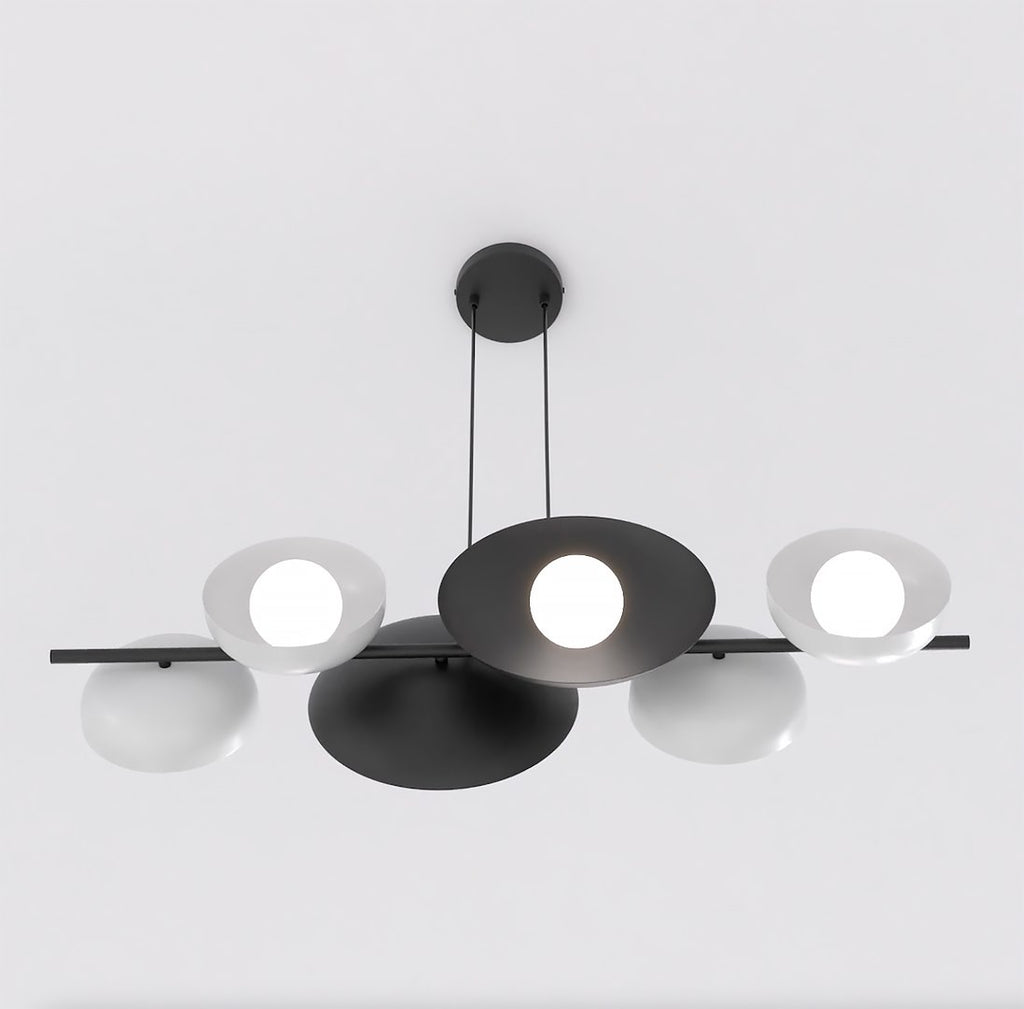 Hanglamp gepoedercoat staal minimalistisch zwart met witte kappen, 6 lichtpunten, 100 x 23 cm, eettafel en keukeneiland