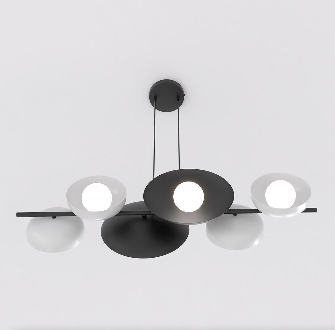 Hanglamp gepoedercoat staal minimalistisch zwart met witte kappen, 6 lichtpunten, 100 x 23 cm, eettafel en keukeneiland