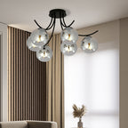Plafondlamp gepoedercoat staal en glas Boston, zwart met grafiet kappen, 6 lichts, 70 cm breed, woonkamer