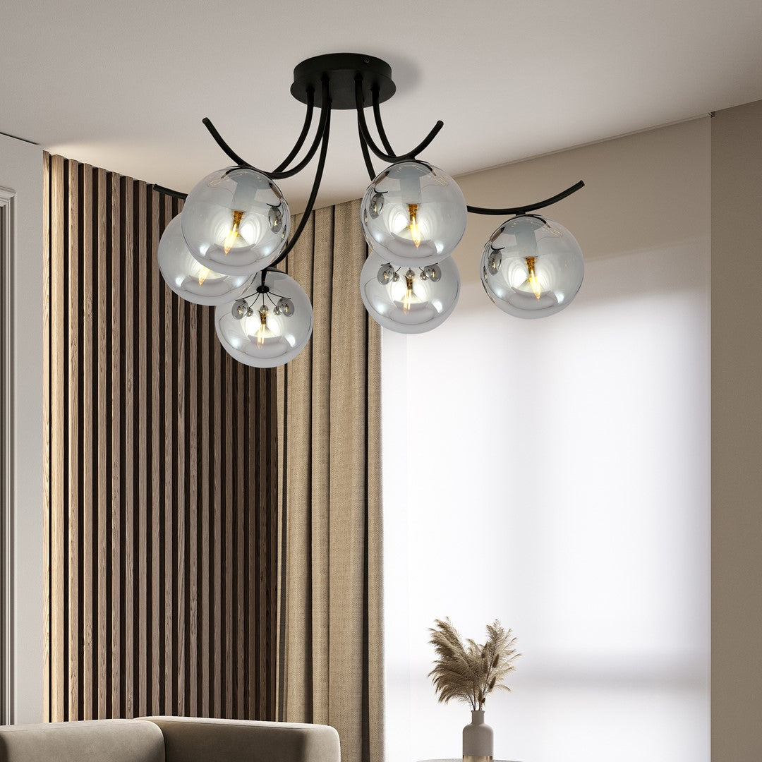 Plafondlamp gepoedercoat staal en glas Boston, zwart met grafiet kappen, 6 lichts, 70 cm breed, woonkamer