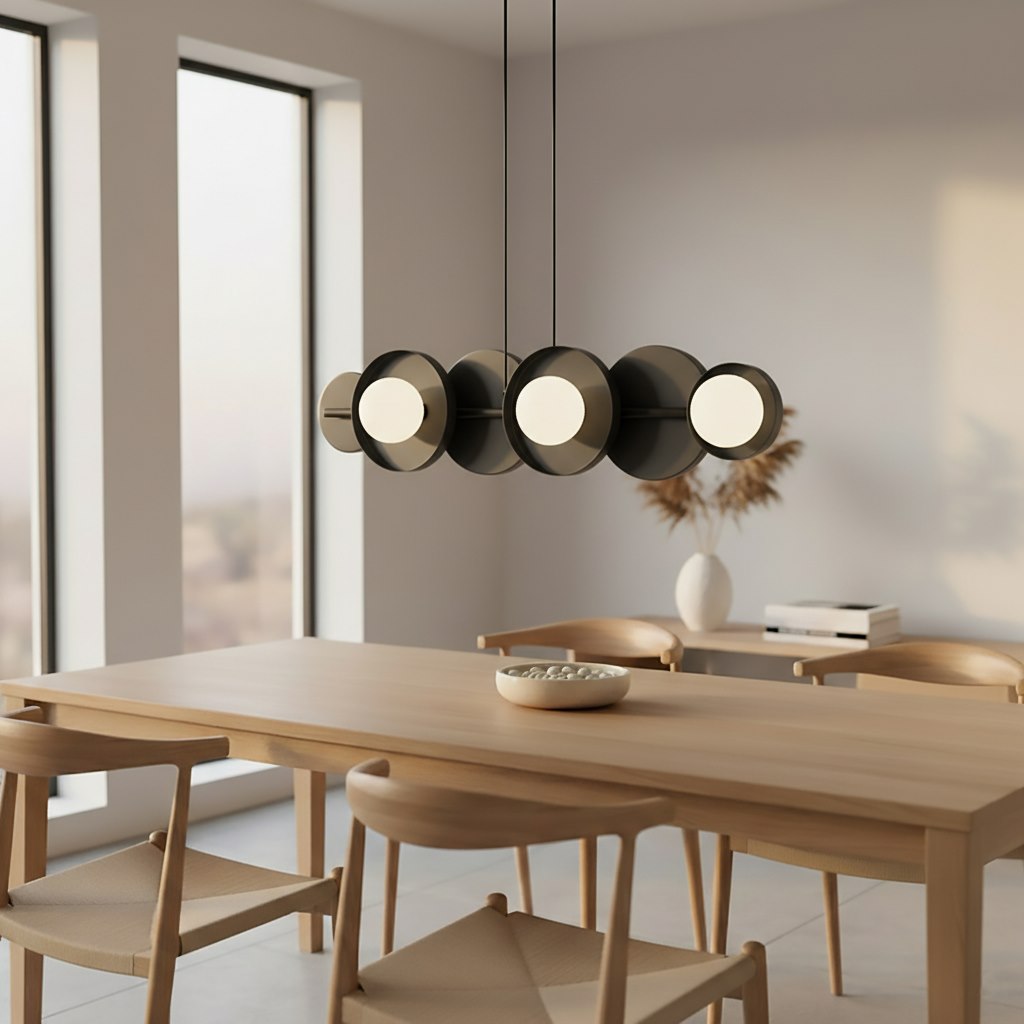 Hanglamp gepoedercoat staal minimalistisch Model 6 zwart met witte kappen, 6 x G9, 85 x 23 cm, eettafel