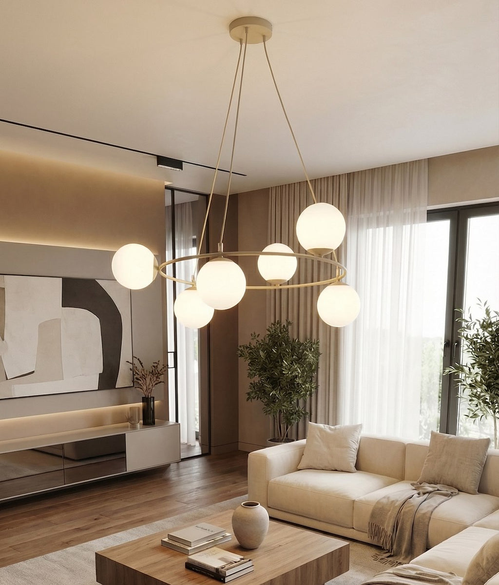 Hanglamp gepoedercoat staal en glas Azura, beige met witte glazen kappen, 6 lichtpunten, Ø 75 cm, glamour