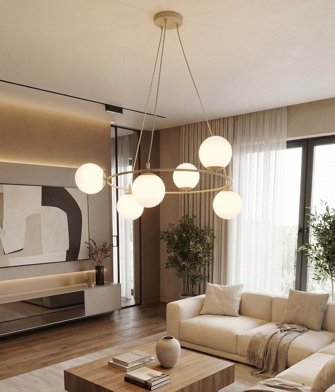Hanglamp gepoedercoat staal en glas Azura, beige met witte glazen kappen, 6 lichtpunten, Ø 75 cm, glamour