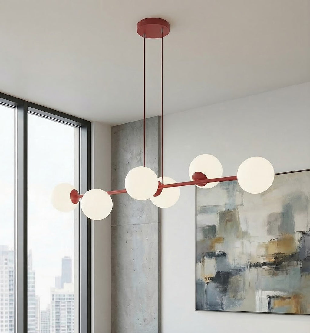 Hanglamp gepoedercoat staal en glas modern Magnus bordeaux met witte kappen 110 x 30 cm, 6 lichts
