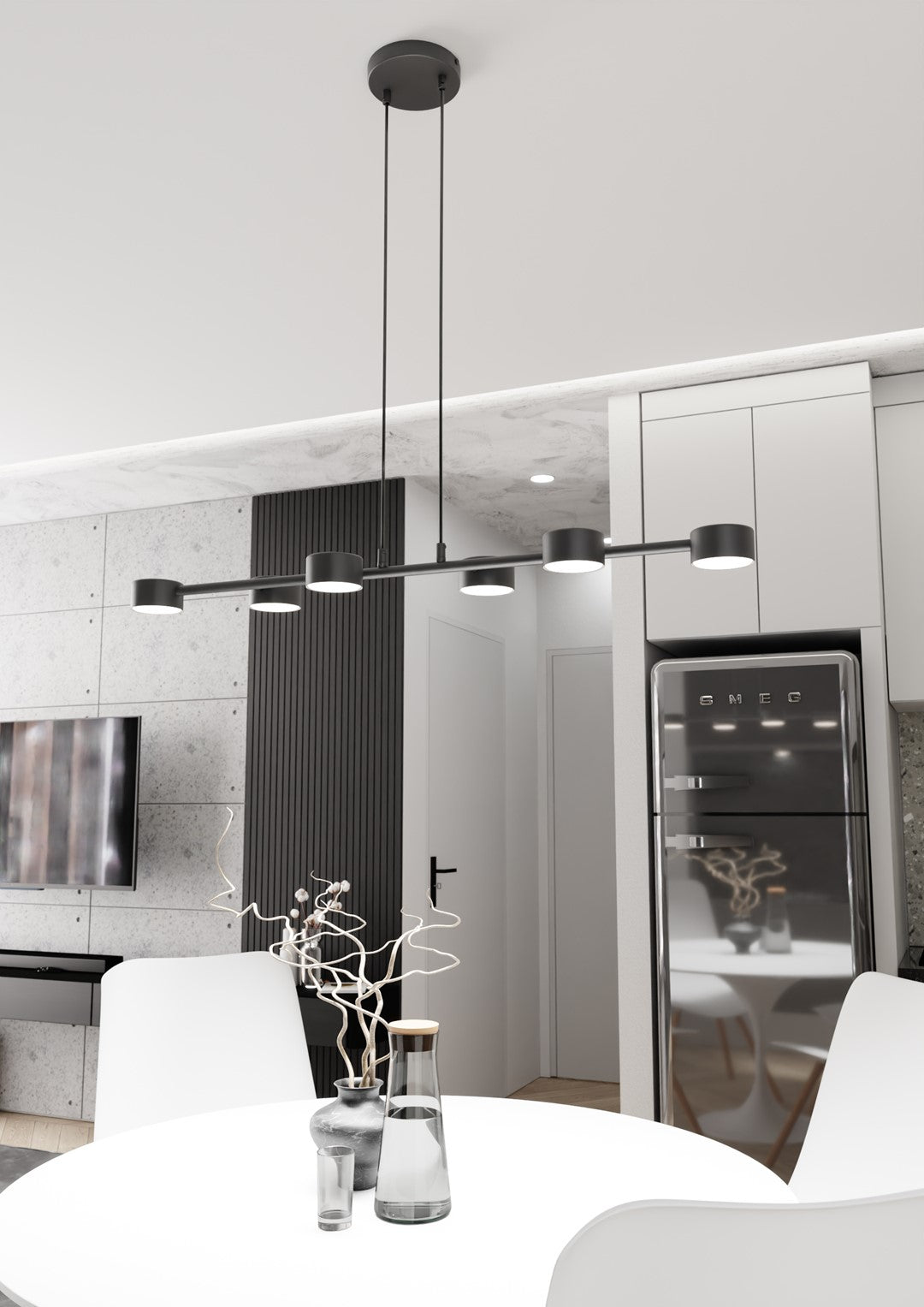 Hanglamp gepoedercoat staal Megara modern zwart 80 x 19 x 140 cm, 6 fittingen, voor eetkamer en woonkamer