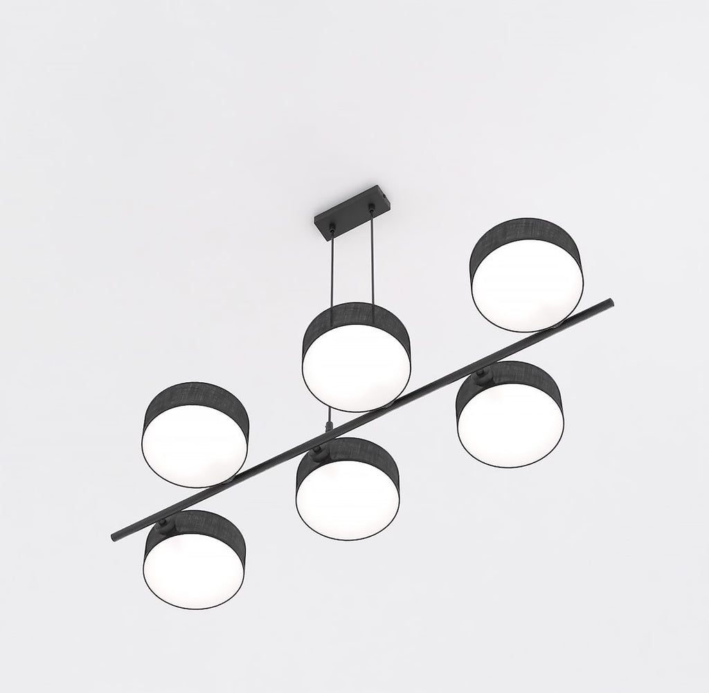 Hanglamp Drumz gepoedercoat staal zwart, 6 kappen Ø 20 cm, 100 x 46 cm, eettafel en keukeneiland