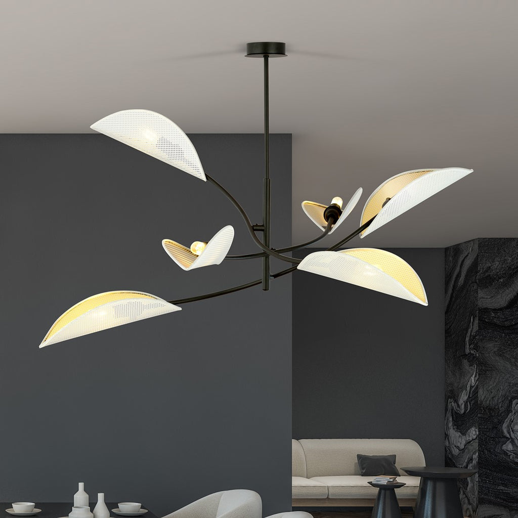 Plafondlamp 6 lichts gepoedercoat staal Lotus, zwart met wit en goud – 102 x 51 cm, woonkamer en slaapkamer