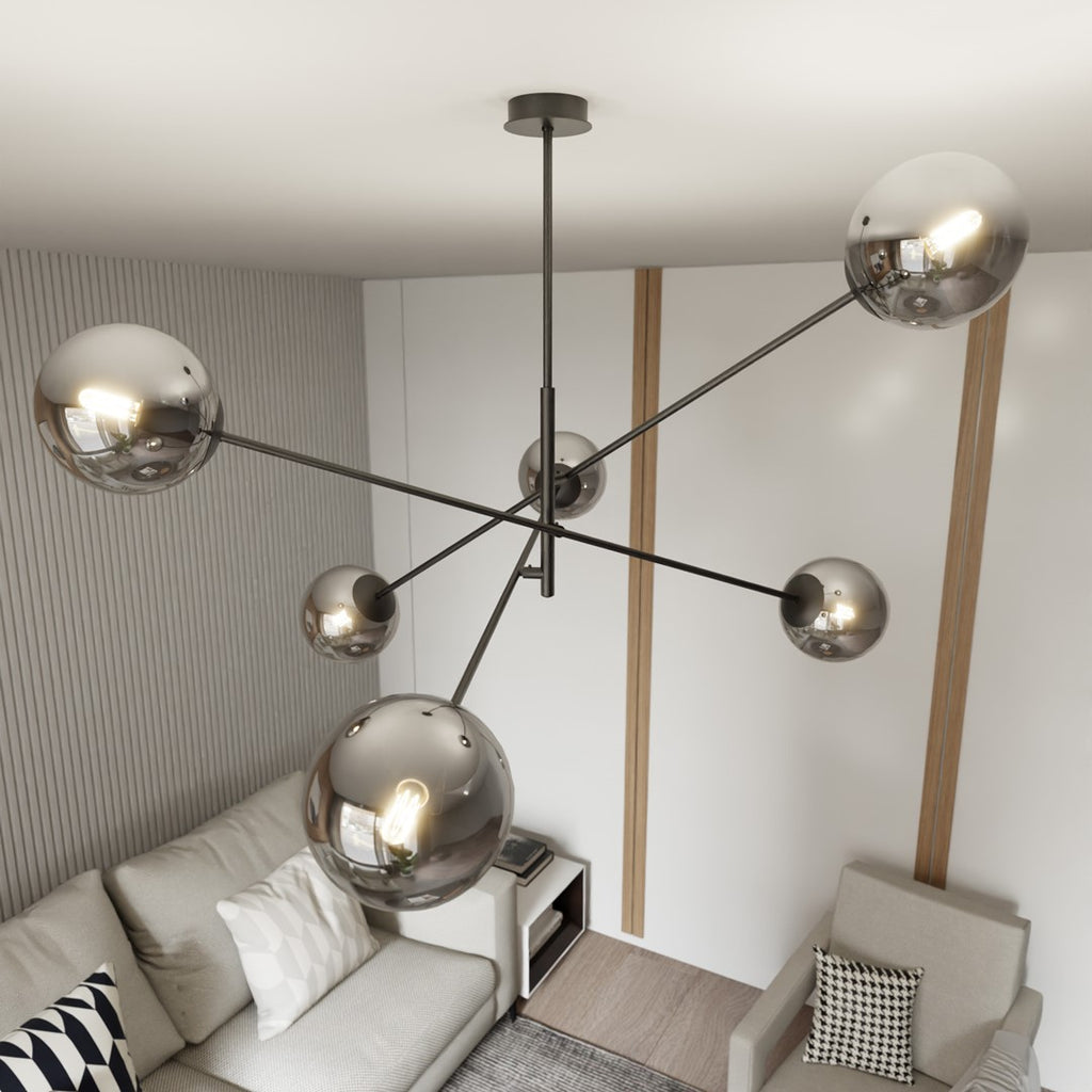 Hanglamp gepoedercoat staal en glas Linear zwart met grafiet kappen, 6 lichts, 102 x 51 cm, eettafel
