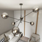 Hanglamp gepoedercoat staal en glas Linear zwart met grafiet kappen, 6 lichts, 102 x 51 cm, eettafel