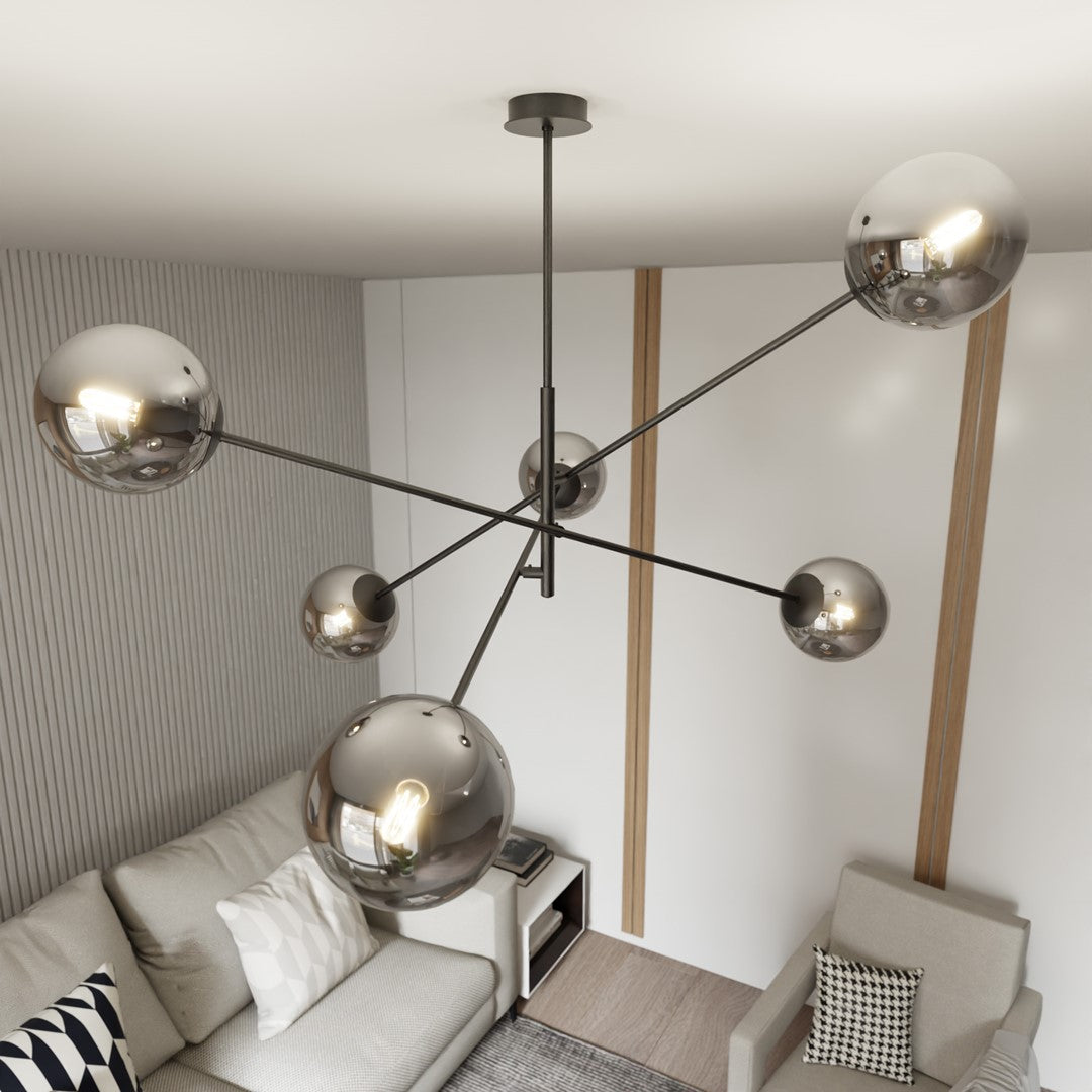 Hanglamp gepoedercoat staal en glas Linear zwart met grafiet kappen, 6 lichts, 102 x 51 cm, eettafel