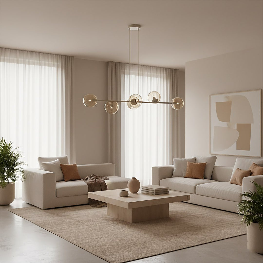 Hanglamp gepoedercoat staal en glas Magnus, beige met amber glas, breedte 110 cm, 6 fittingen E14