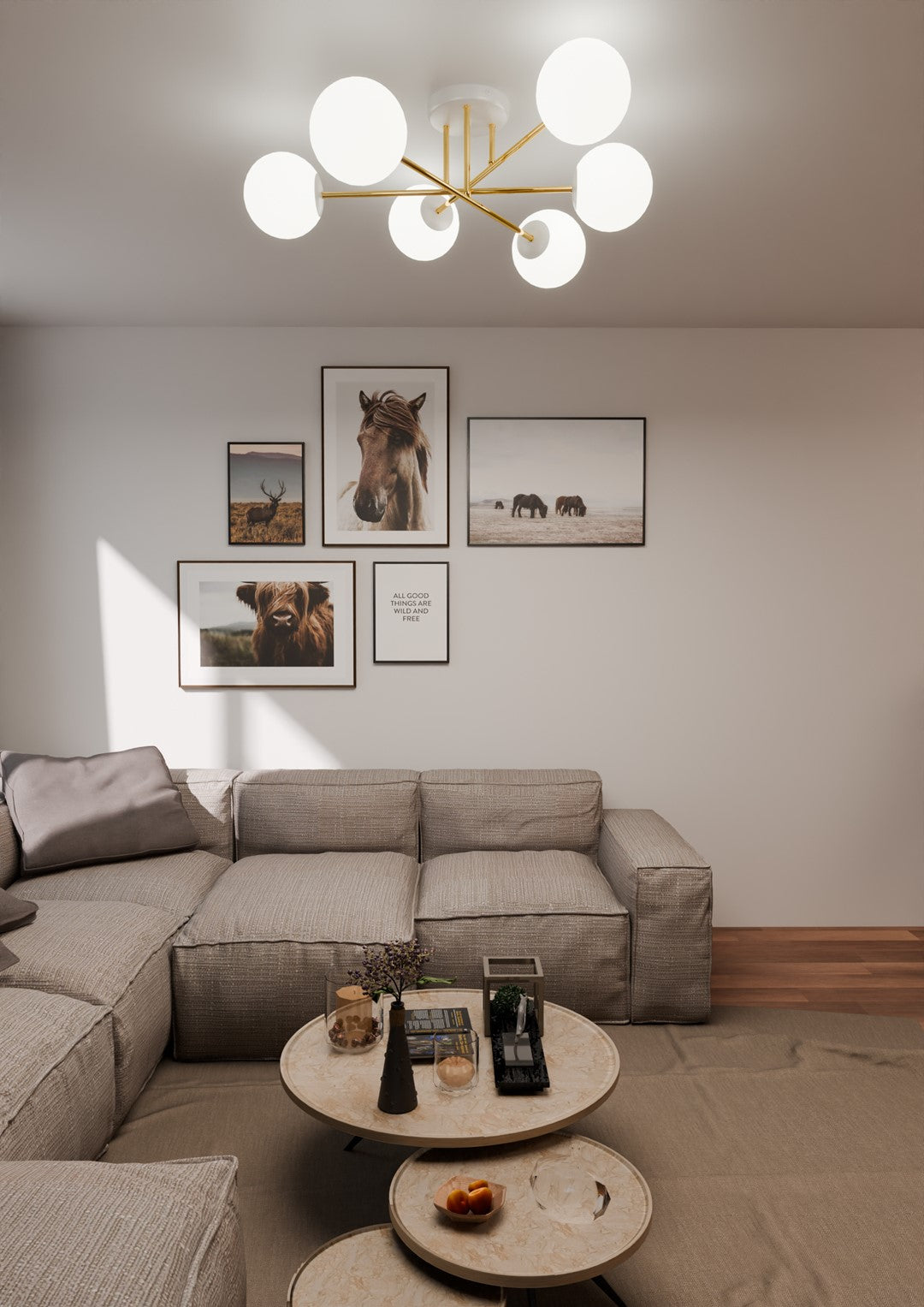 Plafondlamp gepoedercoat staal en glas Magnum, wit en goud, 6 lichts, 75 cm breed, woonkamer en eettafel