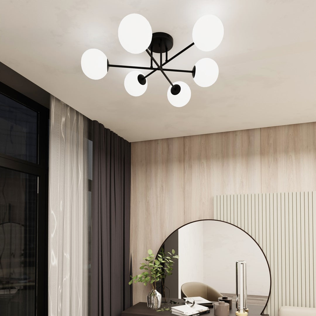 Plafondlamp gepoedercoat staal en glas Roma 6 lichts, zwart met witte glazen kappen, 75 cm breed, E14