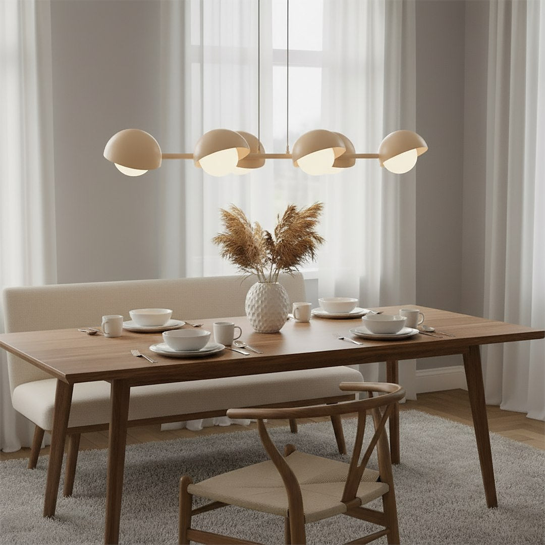 Hanglamp gepoedercoat staal Scandinavisch mokka met 6 witte halfbolkappen, G9, 88 x 32 cm, eettafel