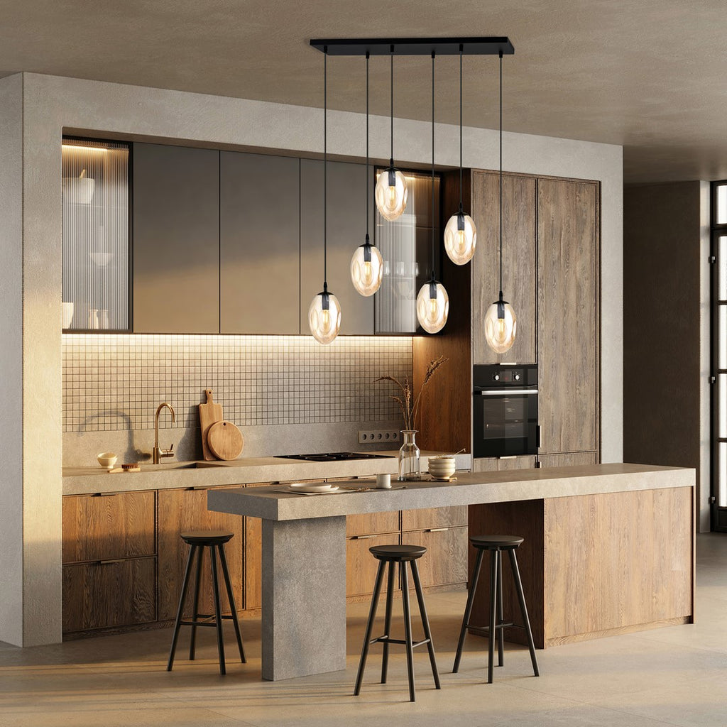 Hanglamp 6 lichtpunten gepoedercoat staal en glas, modern, zwart met amberkleurig glas, 70 cm breed