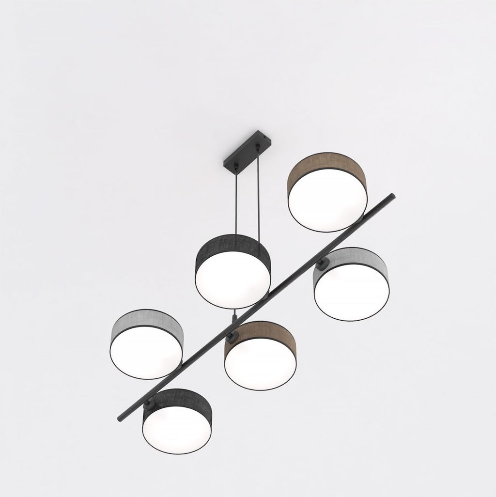 Hanglamp gepoedercoat staal Japandi Drumz 6 lichts, zwart, bruin en grijs, 100 x 46 cm, boven eettafel