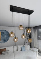 Hanglamp 6 lichts gepoedercoat staal en glas, Cosmo modern, zwart met amberkleurige kappen, 65 x 120 cm