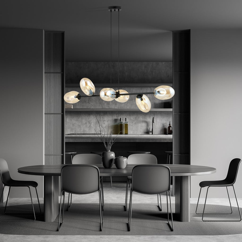 Hanglamp gepoedercoat staal en glas Pandora, zwart met amberkleurige kappen, 6 lichts, 120 x 100 cm