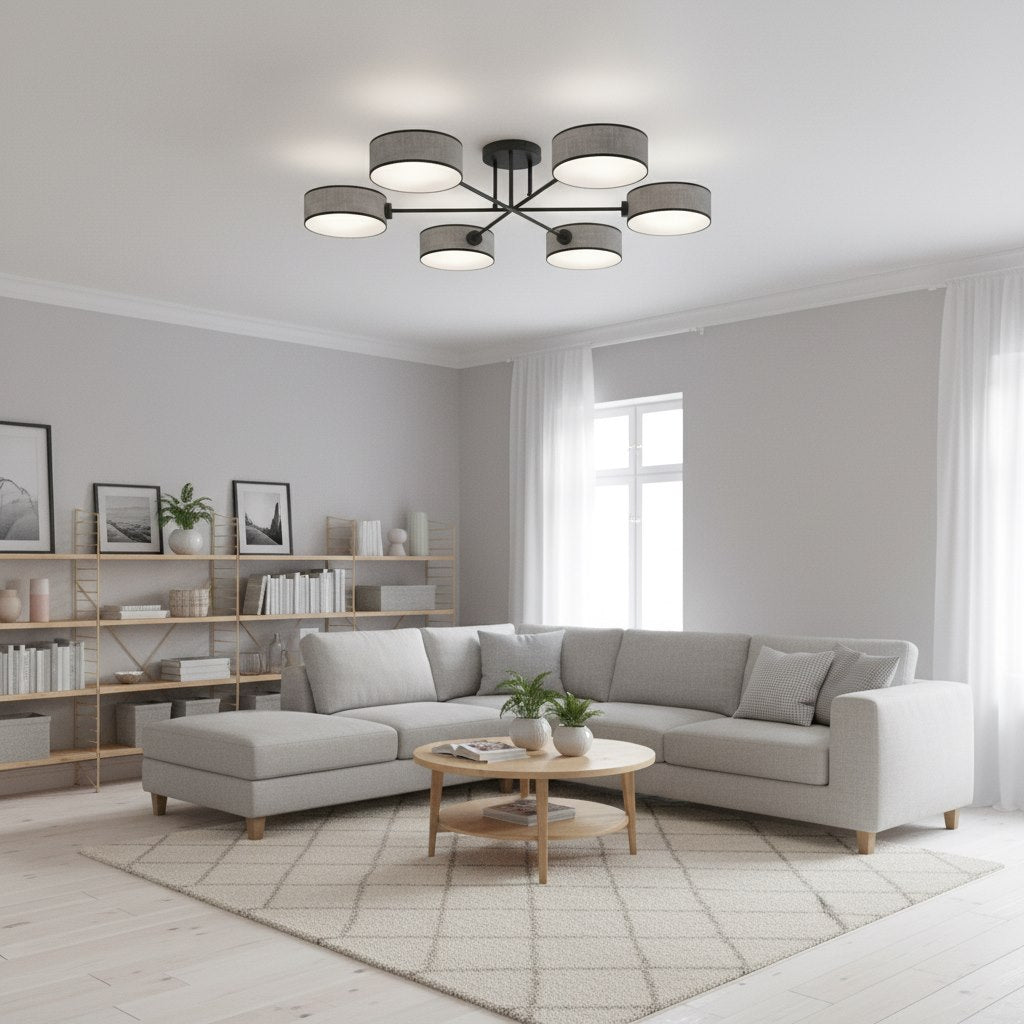 Plafondlamp gepoedercoat staal Japandi Maga 6 grijs, 6 lichts met stoffen kappen 105 x 105 cm voor woonkamer