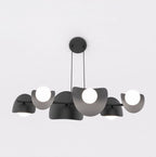 Hanglamp gepoedercoat staal modern zwart met 6 witte kapjes, 87 x 23 x 120 cm, boven eettafel of kookeiland