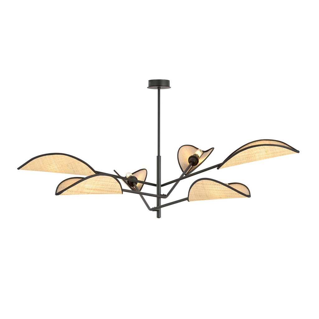 Plafondlamp gepoedercoat staal en rotan Vene, zwart met bruine kappen, 6 lichtpunten – 102 x 51 cm, woonkamer en slaapkamer