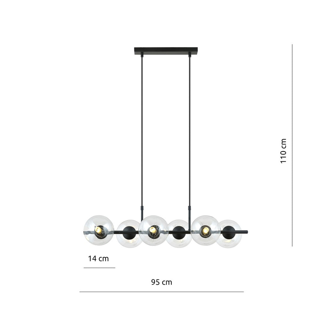 Hanglamp Rory gepoedercoat staal en glas, zwart met transparante kappen, 6 lichts, 95 x 110 cm, eettafel