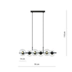 Hanglamp Rory gepoedercoat staal en glas, zwart met transparante kappen, 6 lichts, 95 x 110 cm, eettafel