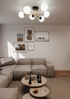 Plafondlamp 6 lichts glas en gepoedercoat staal, glamour zwart en goud met witte kappen, 75 cm breed