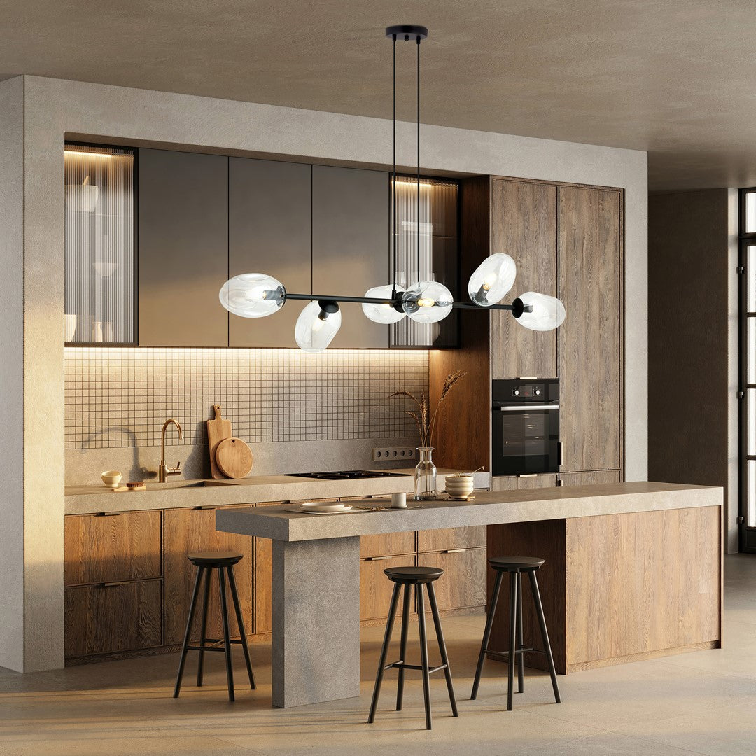 Hanglamp staal en glas Pandora zwart met transparante glazen kappen, 6 lichts, 120 x 100 cm, verstelbaar