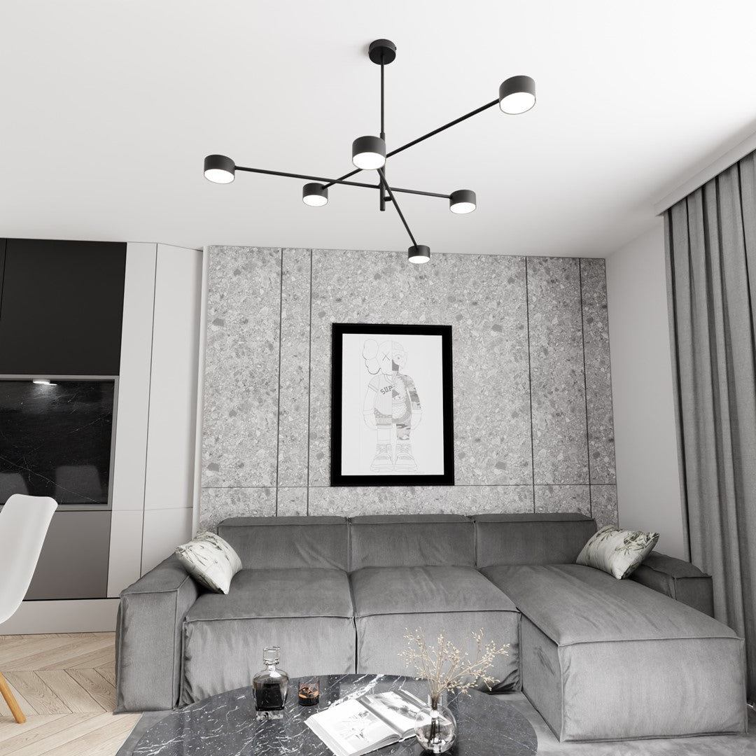 Plafondlamp gepoedercoat staal Natsu, modern, mat zwart, 84 x 84 x 56 cm, 6 lichtpunten voor woonkamer, eetkamer of kantoor
