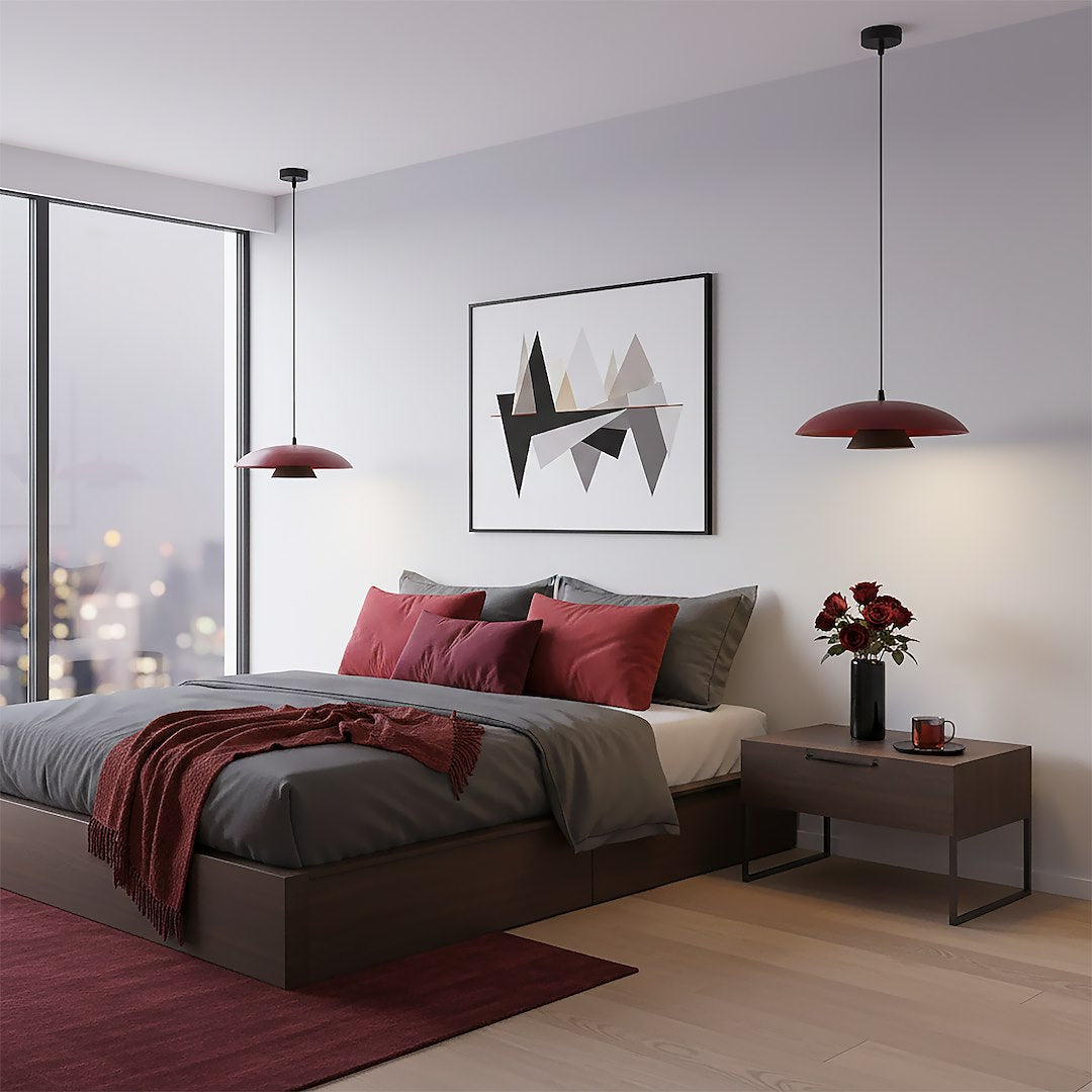 Hanglamp gepoedercoat staal Babel Scandinavisch, bordeauxrood met zwart, Ø 30 cm, eettafel en keukeneiland