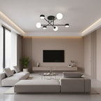 Plafondlamp gepoedercoat staal modern Holon zwart met witte kappen, 64 x 64 x 23 cm, 6 fittingen, woonkamer, eetkamer of hal