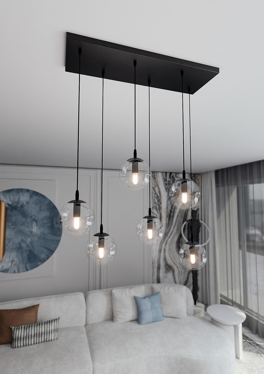 Hanglamp gepoedercoat staal en glas, modern Cosmo, zwart met transparante kappen, 6 lichts, 65 x 120 cm