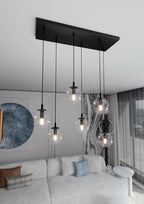 Hanglamp gepoedercoat staal en glas, modern Cosmo, zwart met transparante kappen, 6 lichts, 65 x 120 cm