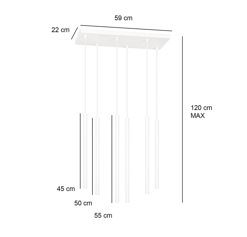 Hanglamp 6 lichts gepoedercoat staal minimalistisch wit 59 x 22 x 120 cm, G9 led, verstelbare hoogte