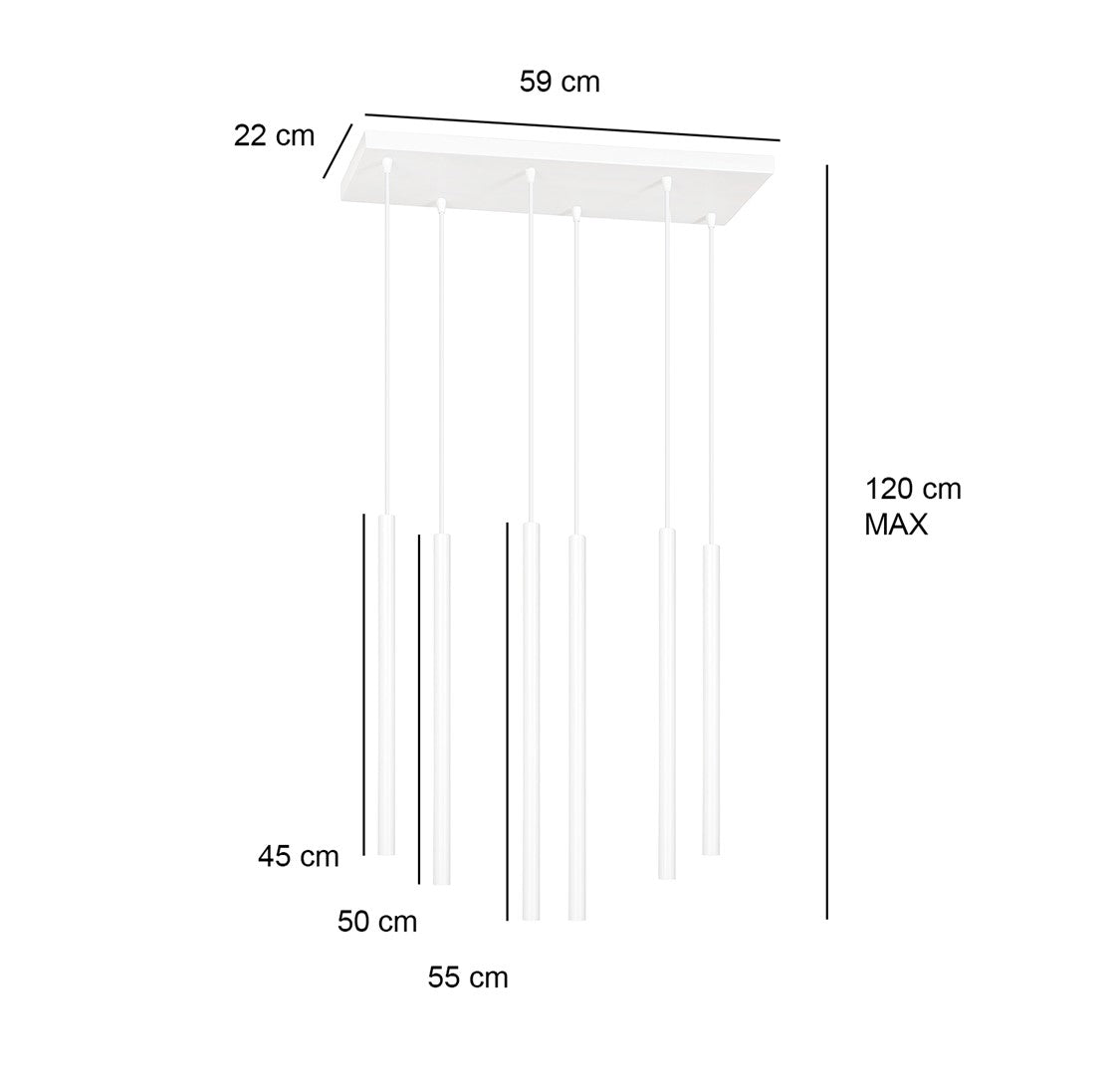 Hanglamp 6 lichts gepoedercoat staal minimalistisch wit 59 x 22 x 120 cm, G9 led, verstelbare hoogte