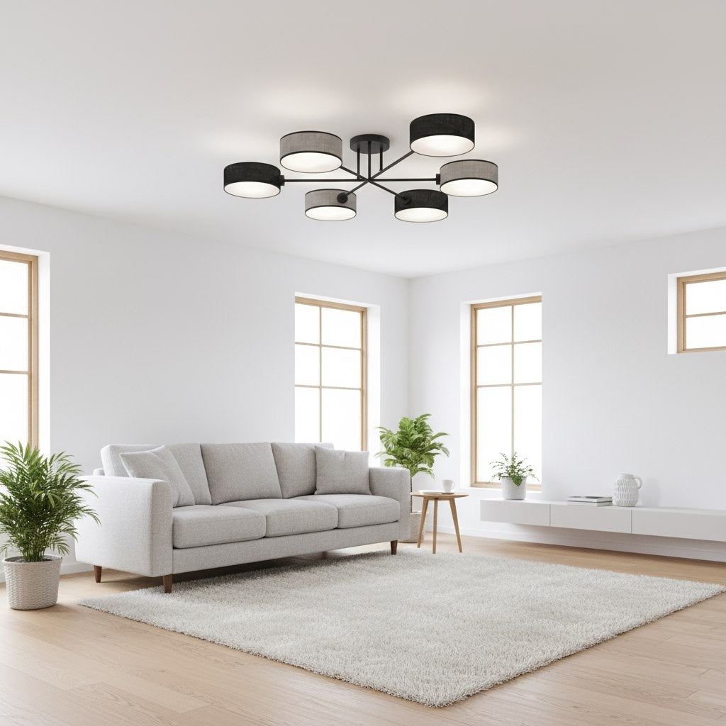 Plafondlamp gepoedercoat staal Japandi Maga 6 lichts zwart en grijs, kappen Ø 20 cm – 105 x 105 cm