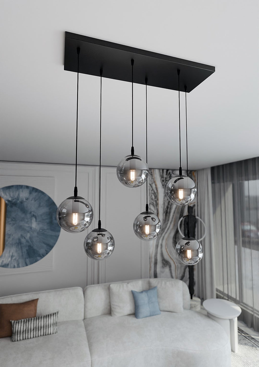 Hanglamp 6 lichts gepoedercoat staal en glas, Cosmo modern, zwart met grafiet kappen, verstelbaar, eettafel