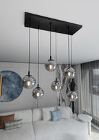 Hanglamp 6 lichts gepoedercoat staal en glas, Cosmo modern, zwart met grafiet kappen, verstelbaar, eettafel