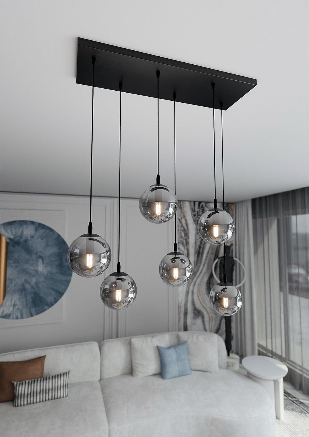 Hanglamp 6 lichts gepoedercoat staal en glas, Cosmo modern, zwart met grafiet kappen, verstelbaar, eettafel