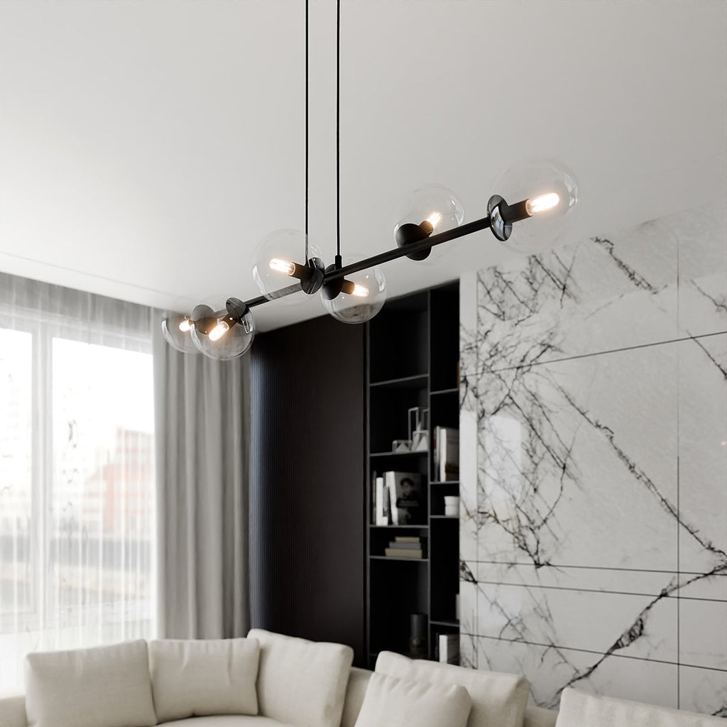 Hanglamp Rossi staal en glas, modern, zwart met transparante kappen, 110 x 100 cm, 6 lichtpunten, eettafel en zithoek