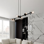 Hanglamp Rossi staal en glas, modern, zwart met transparante kappen, 110 x 100 cm, 6 lichtpunten, eettafel en zithoek