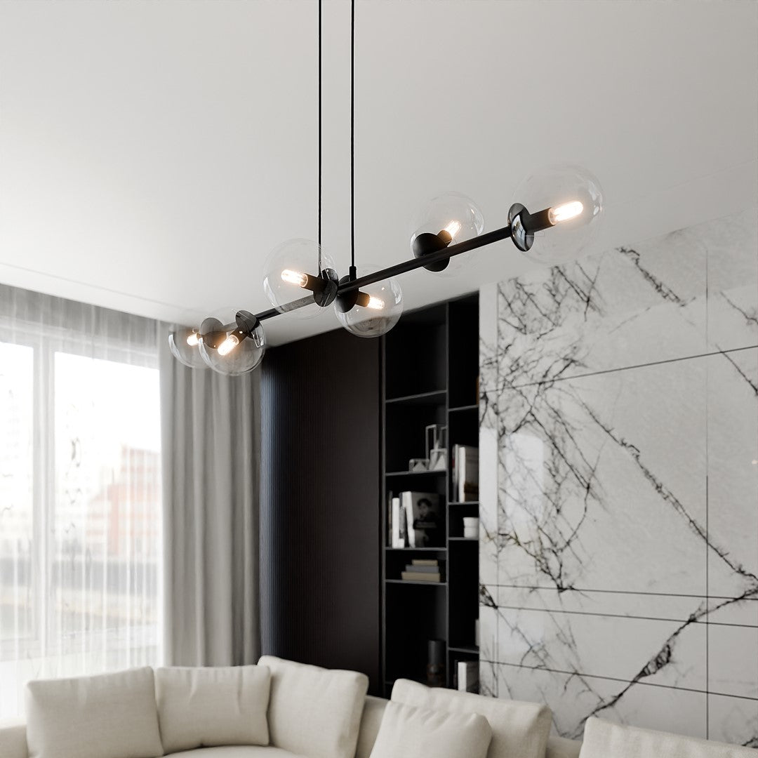 Hanglamp Rossi staal en glas, modern, zwart met transparante kappen, 110 x 100 cm, 6 lichtpunten, eettafel en zithoek