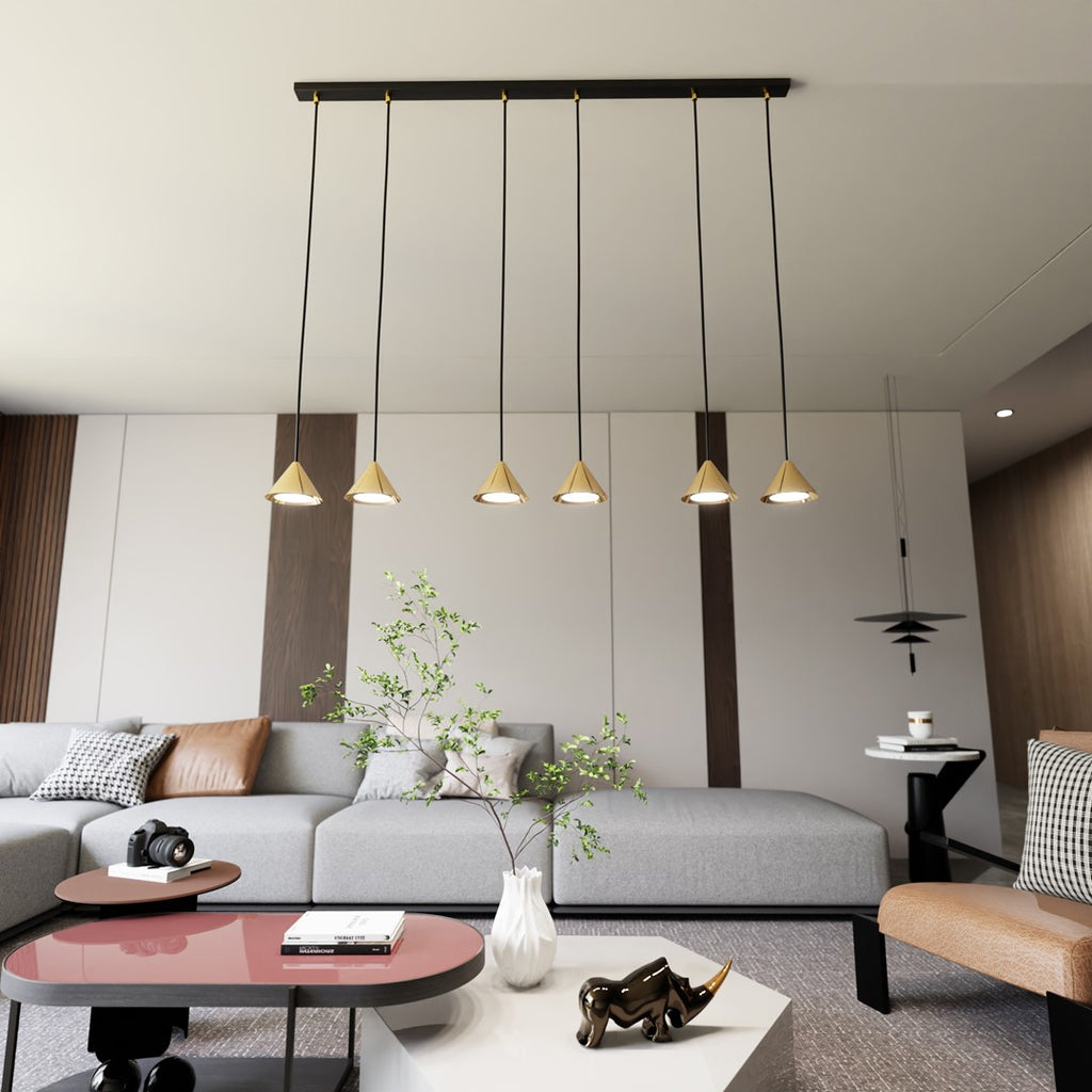 Hanglamp gepoedercoat staal minimalistisch Elit zwart en goud, 6 lichtpunten, 116 cm breed, eettafel