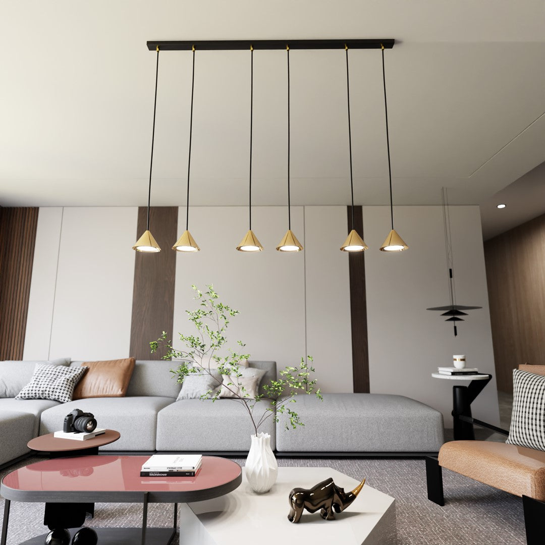 Hanglamp gepoedercoat staal minimalistisch Elit zwart en goud, 6 lichtpunten, 116 cm breed, eettafel